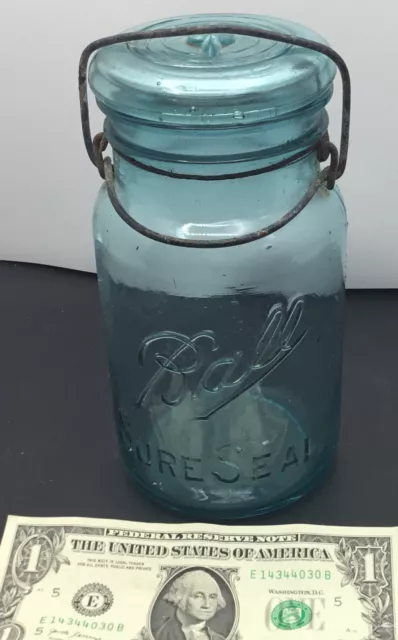 Vintage BALL Canning Jar Blue Glass Lid Wire Bail  circa 1933 - 1938