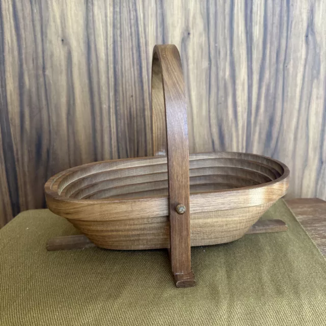 Folding Collapsible Wooden Bowl Basket Handle MCM Singed Hand Made Vtg