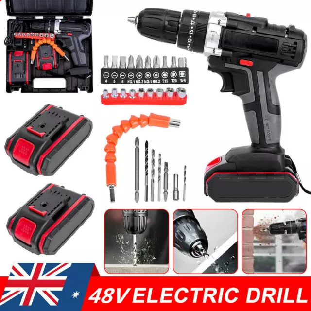 48V Cordless Drill+ 2 Battery Heavy Duty Impact Driver Brushless Hammer Kit