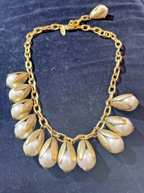 RARE Lenora Dame Statement Teardrop Faux Pearl Necklace Gold Plated 18"
