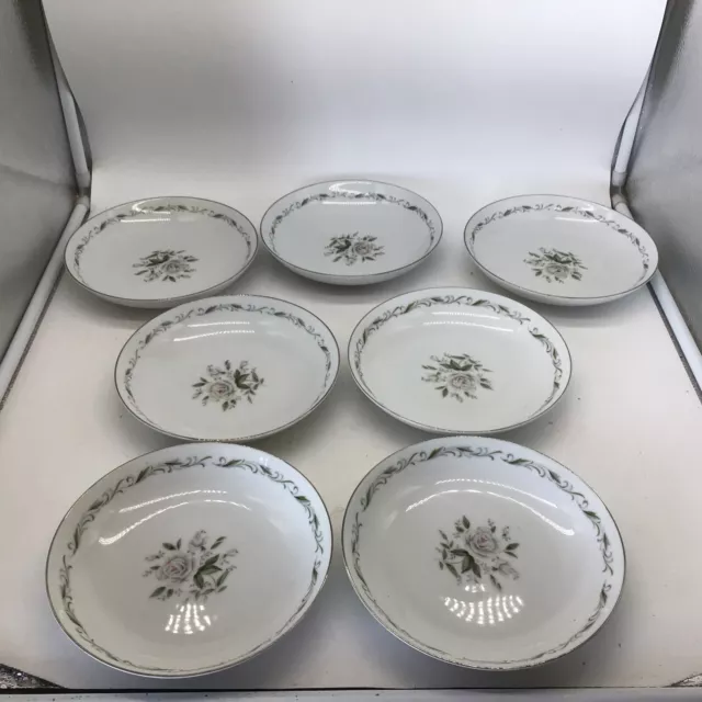 7 Diamond China “Romance” White Roses Silver Edge - 7.5” Salad Or Soup Bowls