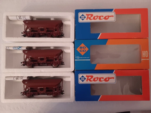 3X ROCO 46132/4335A Selbstentladewagen Fc(s) mit Schotter (grau), DB ...