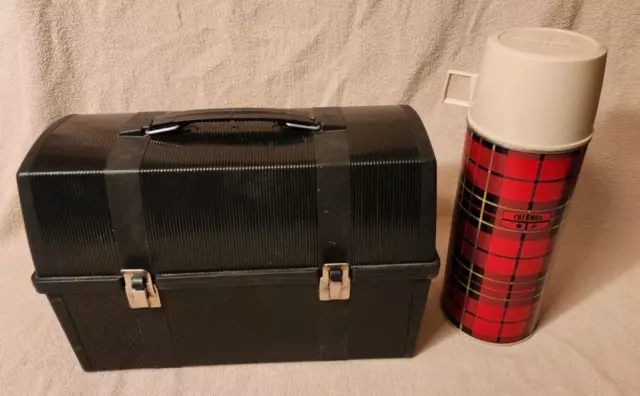 Retro Aladdin Black Plastic Working Mans Lunch Box with Plaid Metal Thermos