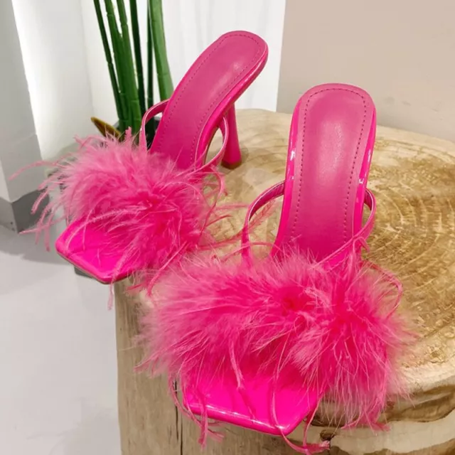 Womens Summer Sandals Fashion Slippers Feather High-Heeled Slippers Mule Party