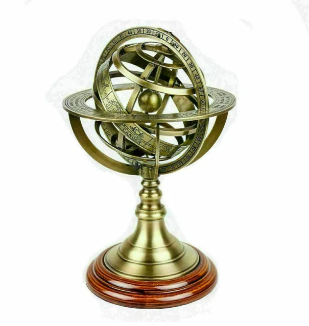 Antique Astrolabe Brass Sphere Armillary 12" Nautical Decor Wooden Base