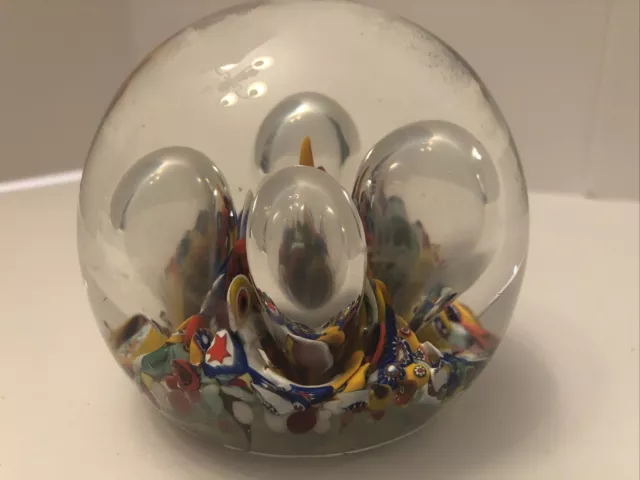 Vtg John Gentile Art Glass Millefiori Ice Pick Controlled Bubble Paperweight 3"
