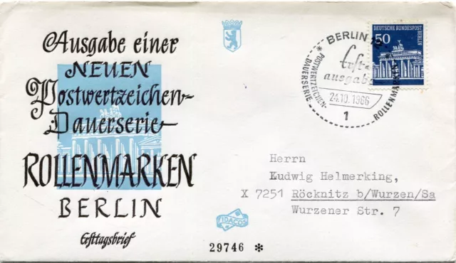 Berlin 1966: FDC Ersttagsbrief  Dauerserie  Rollenmarken Berlin   0,50   DM