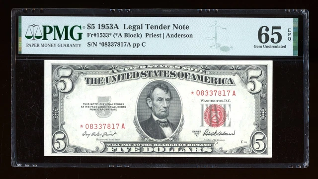 DBR 1953-A $5 Legal Gem STAR Fr. 1533* PMG 65 EPQ Serial *08337817A