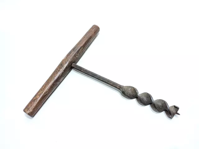 Vtg Antique Wood Handle Wrought Iron Spiral Auger Hand Drill Beam Hole 1-3/8"