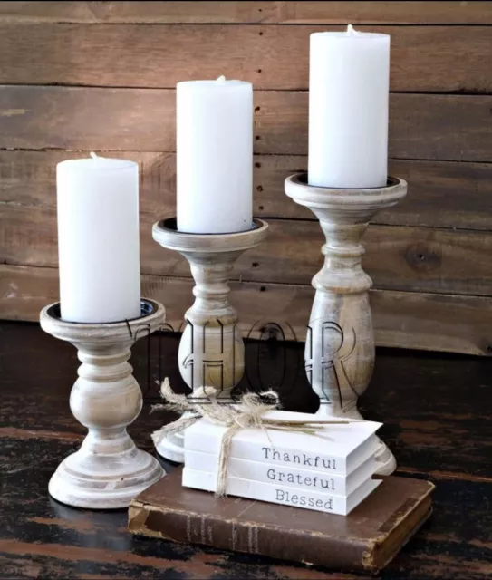 Wooden Candle Holders Pillar Candle Holder Set of 3 - Vintage Style White Candle