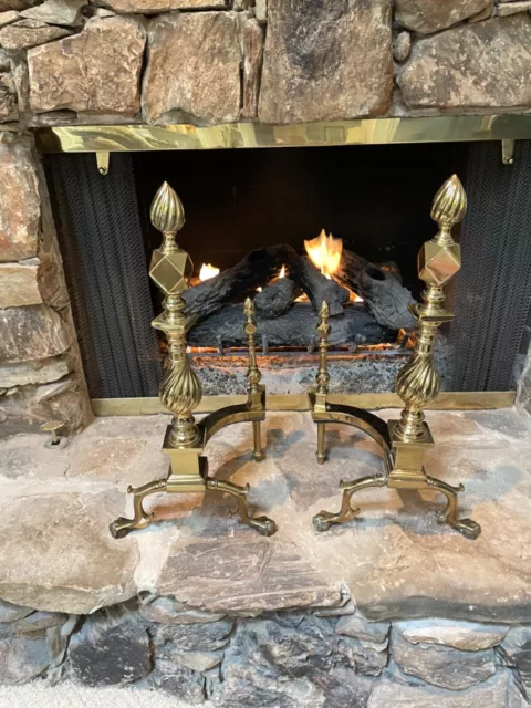 Large Antique Pair Bronze French Louie Xvi Chenets Fireplace Andirons