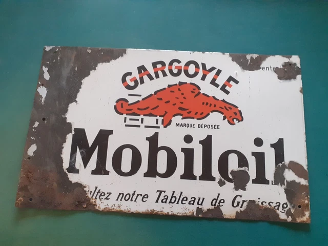 Plaque émaillée ancienne double face Gargoyle Mobiloil répertoriée de 1935 - Collection