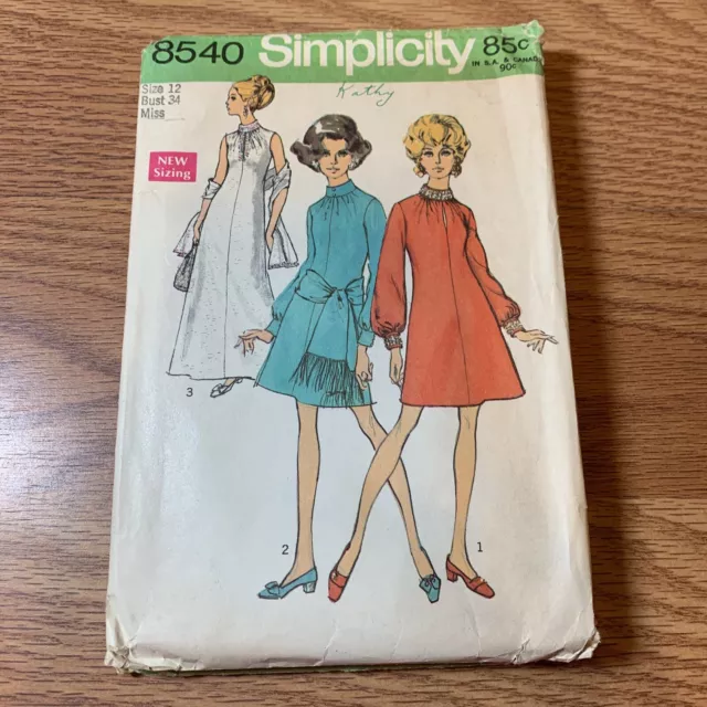 Vintage 60s Simplicity #8540 Size 12 Miss Long Or Short Dress Bust 34”