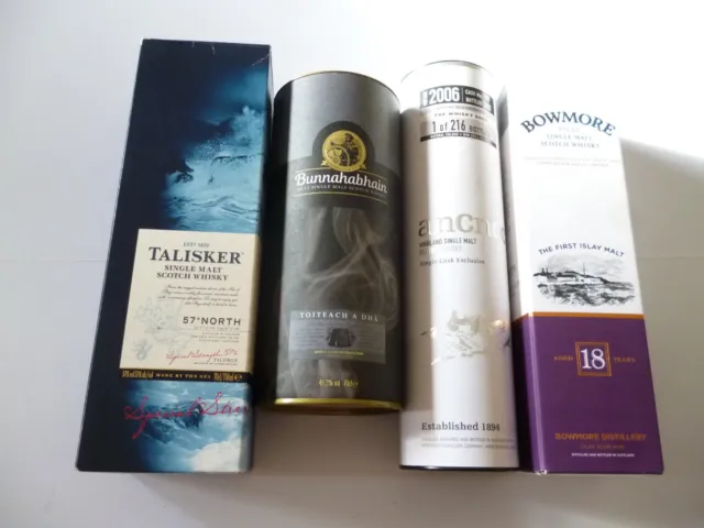 Lot x 4 Empty Collectable Whisky Bottles + Cartons: Bowmore, Ancnoc, Talisker