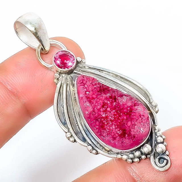 Pink Quartz Drusy & Rubellite Pink Tourmaline 925 Silver Bali Pendant 2.34" T76