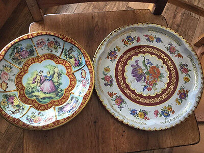 Set of 2 Daher 1971 England Floral Metal Plate and Courting Couple Bowl Tin