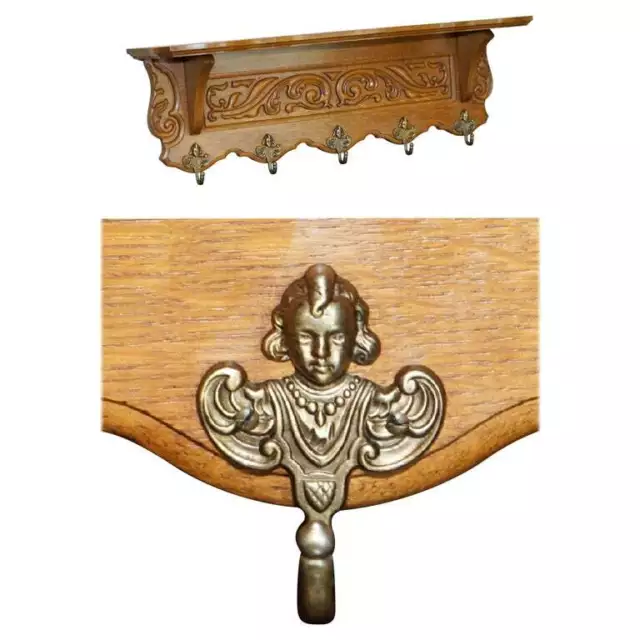 Antique Dutch Hand Carved Oak Coat Hat Scarf Wall Rack Hanger French Hooks