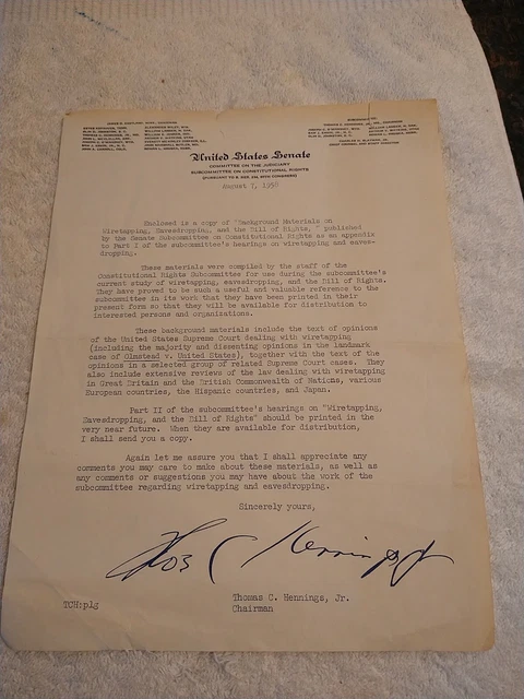 1958 Senator Thomas C. Hennings Jr.  Signed Letter, US  Senate Letterhead paper