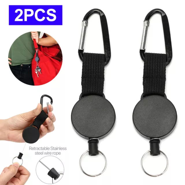 2PCS Retractable Stainless Steel Keyring Pull Ring Key Chain Recoil Heavy Duty