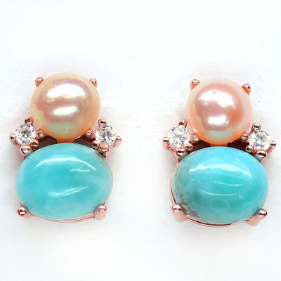 CLR Naturel Pêche Clr Perle & Déguisement Tourmaline Earrigns 925 Argent Sterling 