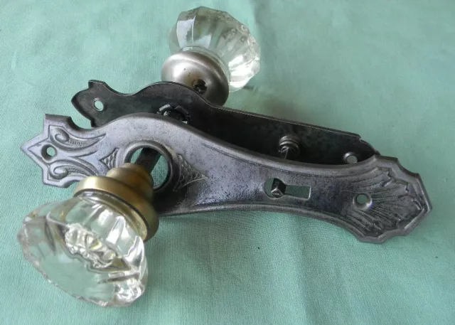 2 Vtg Crystal Door Knobs & Back Plates 12 Point