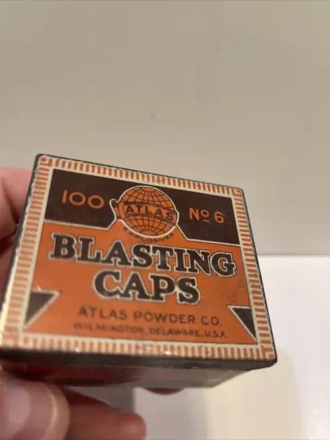 ATLAS POWDER CO NO 6 BLASTING CAPS TIN 100 COUNT TIN SIGN EMPTY CAN ref-D