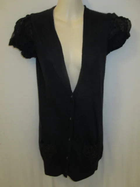 Vera Wang 100% Cashmere Navy Silk Trim Navy Short sleeve Cardigan XS