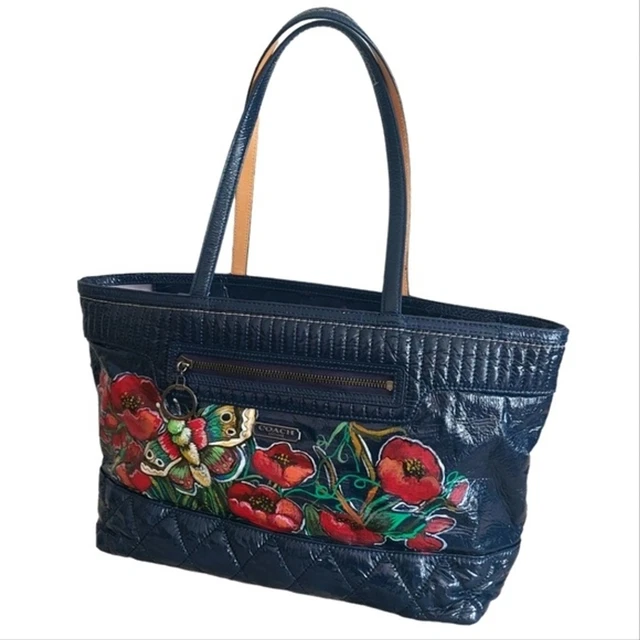 Coach Navy Blue Purse flower butterfly leather vegan shoulder purse
