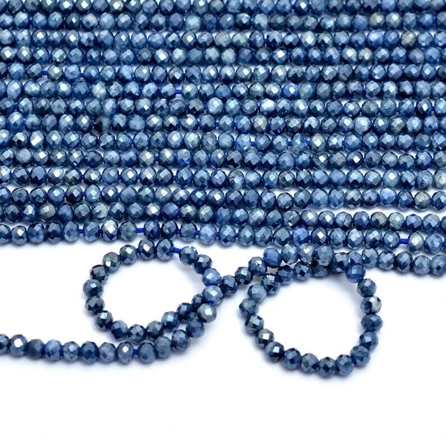 Collier Corde Argent 925 - Perles Saphir Bleu Teinté 4mm - Longueur 55.9cm - Neuf Sans Emballage