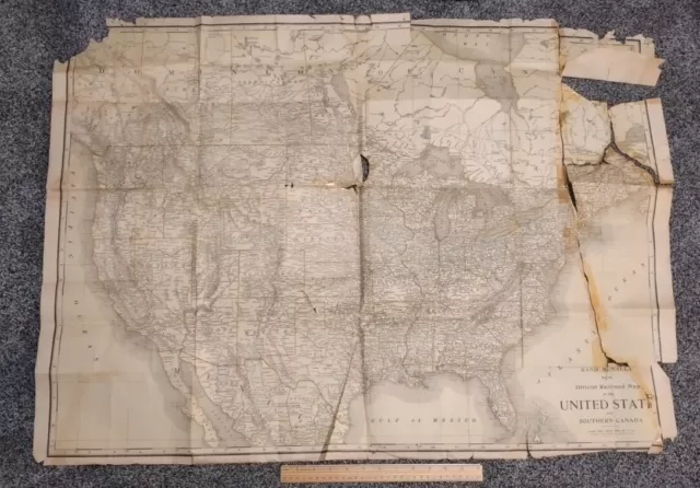 Extremely damaged antique United States map Rand Mcnally large