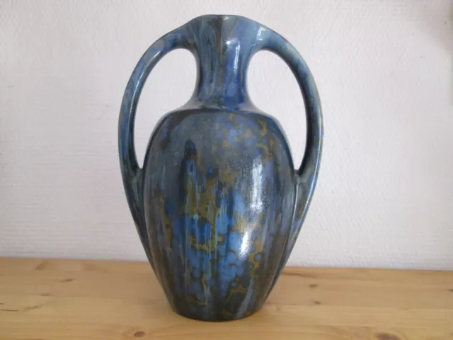 Vase Amphore En Verre Bleu - Sur Pied - Hauteur 22cm - Diamètre 11,5cm - Occasion Très Bon État