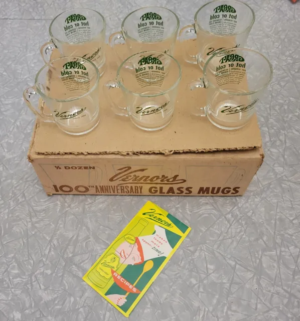 Vintage 1966 Lot of 6 Anchor Hocking Vernor's 100 Anniversary Glass Mugs in Box