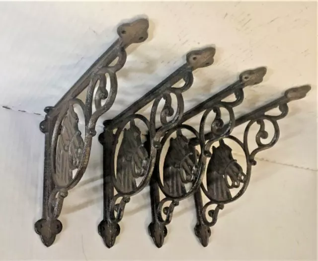 SET OF 4 HORSE HEAD SHELF BRACKET/BRACE, Antique Rustic Brown patina cast iron