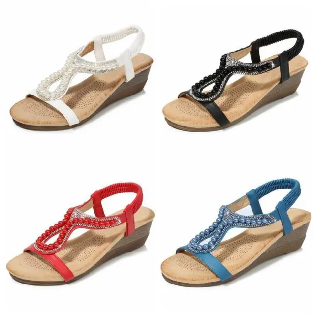 Womens Sandals Shoes Low Wedge Ladies Elastic Strappy Summer Comfy Open Toes