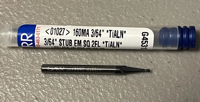 Garr 01027 3/64 X 3/32 X 1/8 X 1-1/2 Square Carbide End Mill 2-fl TiALN Coated