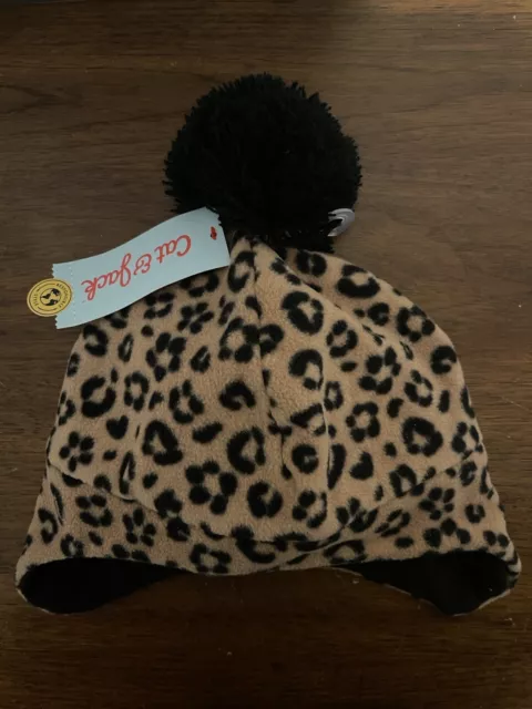 Cat & Jack Kid Girl Cozy Soft Fleece Leopard Print Pom Beanie Hat Brown One Size