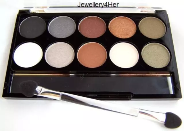 DARK Eyeshadow Palette 10 Shimmer Shades Brown White Silver Smokey PARTY COLOURS