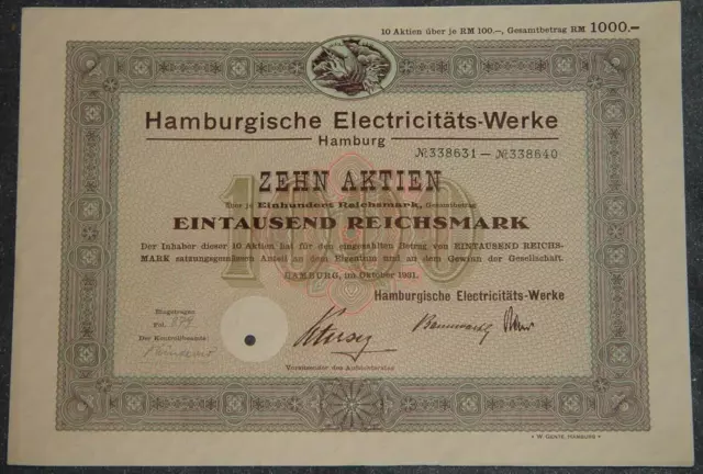 100 Stück Hamburgische Electricitäts-Werke 1931  1000 RM