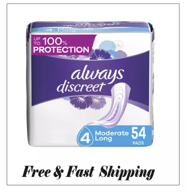 Always Discreet Incontinence Pads for Women Moderate Absorbency Long 54 Ct ✅