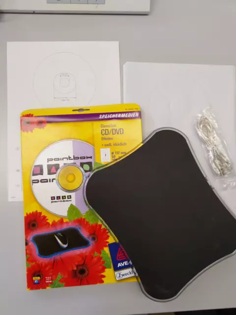 CD - DVD Etiketten weiß mit Papierschablone und leuchtendes USB Mousepad neu
