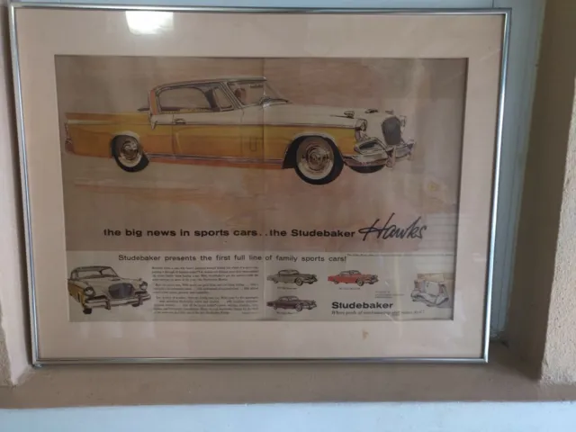 Vintage Studebaker Hawks Framed Ad 24X18 American Made