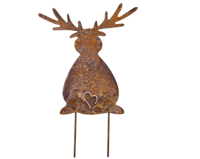 Metall-Elch-Gartenstecker Mit Herz – Edelrost, 27 Cm Hoch + 10 Cm Stäbe, Für Winter & Weihnachten