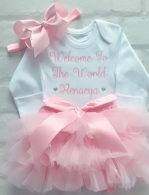 NEWBORN Personalised Baby Pink Girls Frilly Tutu Knickers Set Birth Announcement