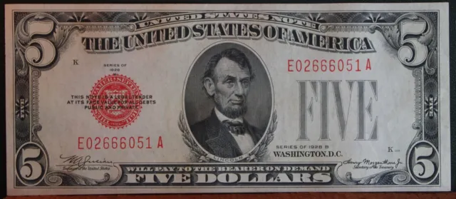 1928B AU+ RED SEAL FIVE DOLLAR UNITED STATES NOTE 5.00 dollar bill E02666051A