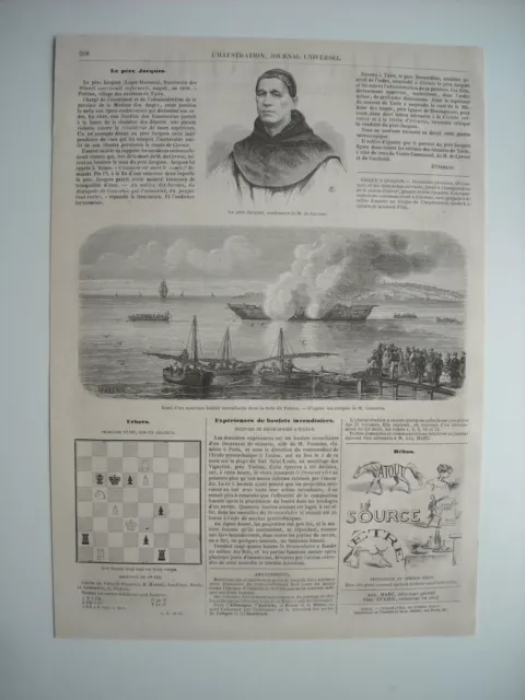 Gravure 1861. Rade De Toulon, Essai Nouveau Boulet Incendiaire. Pere Jacques....