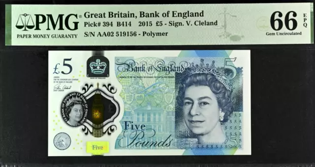 £5 NOTE 394 Cleland B414 PMG 66 EPQ 2015 Five Pound AA02 Bank of England