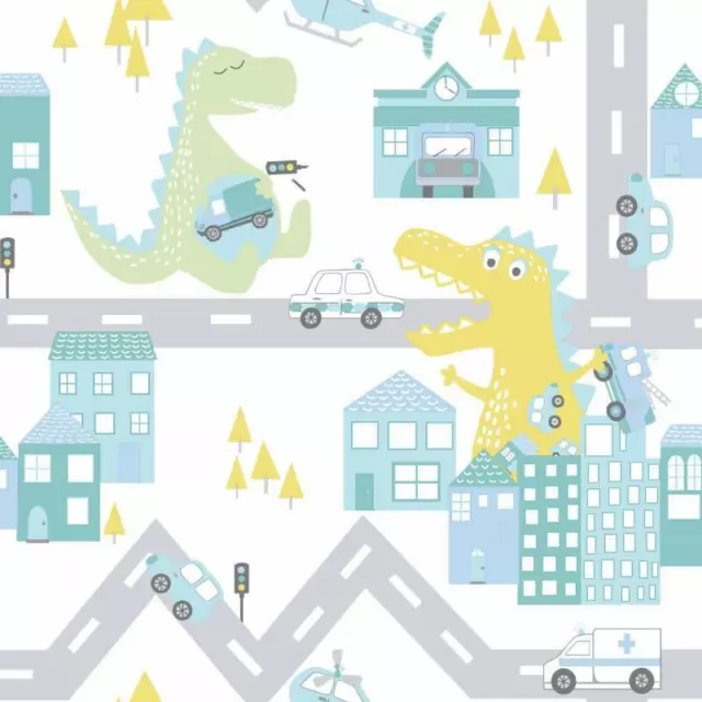 Holden Decor Dinosaur Road Cars Vans Teal/Lime Kids Wallpaper 90912