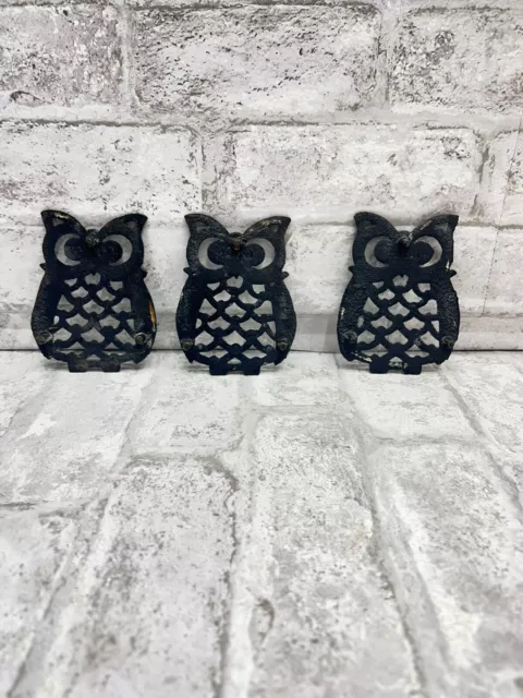 Set of 3 Vintage Small Black 4 Legs Cast Iron OWL Trivets Marked TAIWAN