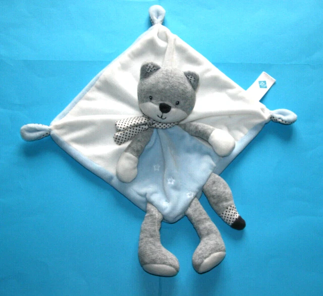 Tex Baby Doudou Renard Plat Bleu Blanc Gris Echarpe Pois Etoile Kom9