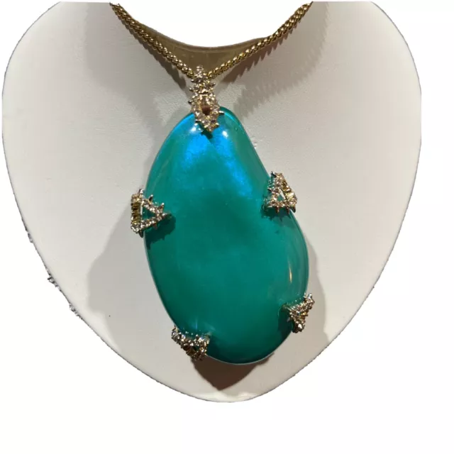 Alexis Bittar teal hollow Lucite & Crystal Necklace